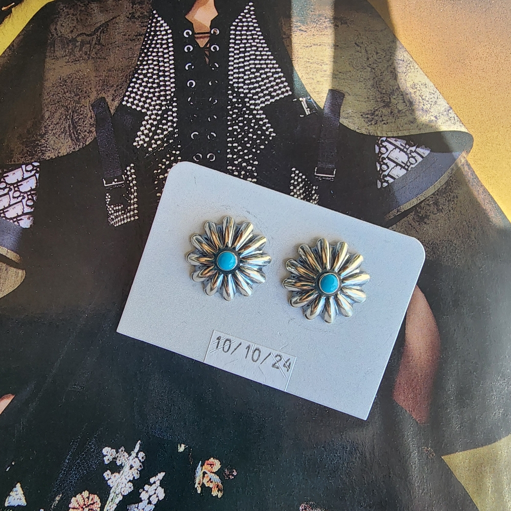 Sterling Silver Flower Earrings with Sleeping Beauty Turquoise In The  Center